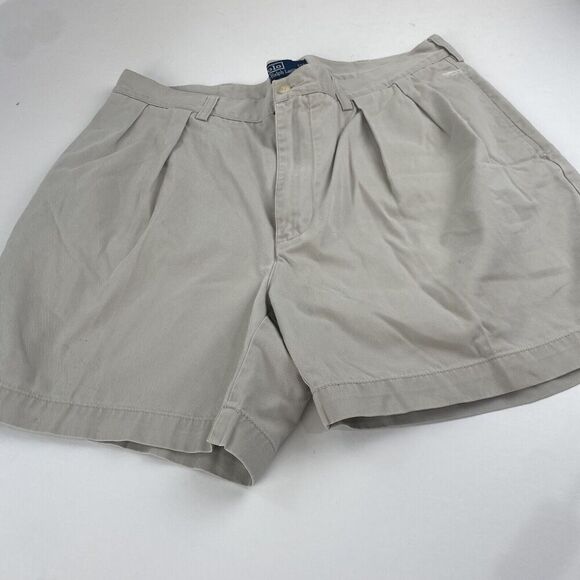 VINTAGE POLO Ralph Lauren Shorts Men Sz 36 Tyler Beige Pleated Chino Golf Casual - Picture 1 of 16